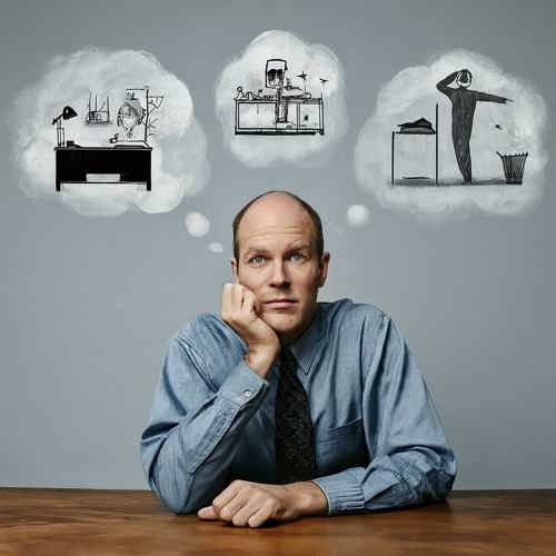 A man sitting at a table, deep in thought with a thought bubble above his head.