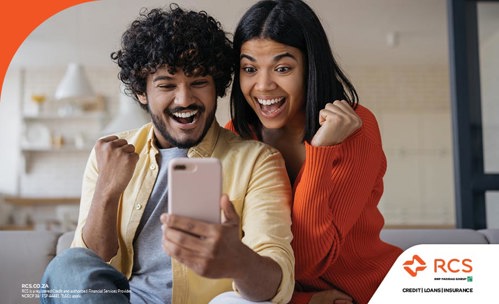 Woman and man excitingly looking at a smartphone